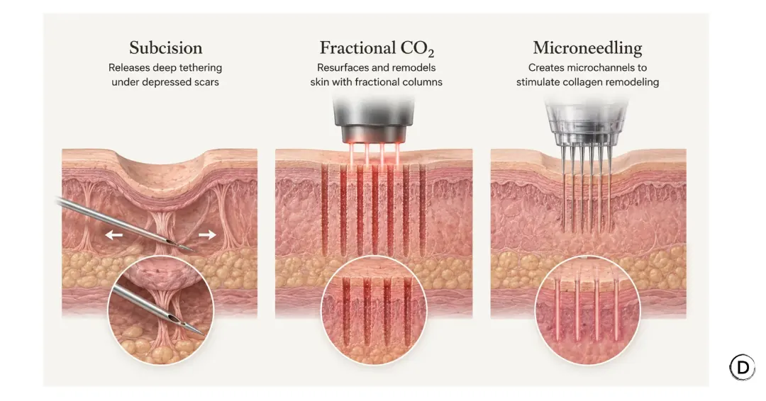 Comparison of acne scar treatments including subcision, fractional CO2 laser resurfacing and microneedling.