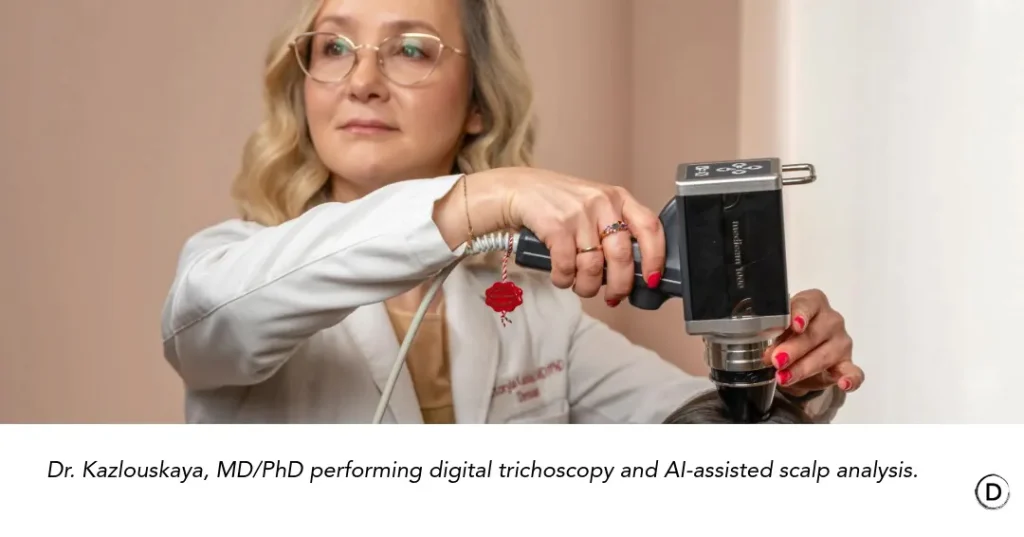 Dr. Viktoryia Kazlouskaya performing digital trichoscopy and AI-assisted scalp analysis for hair loss.