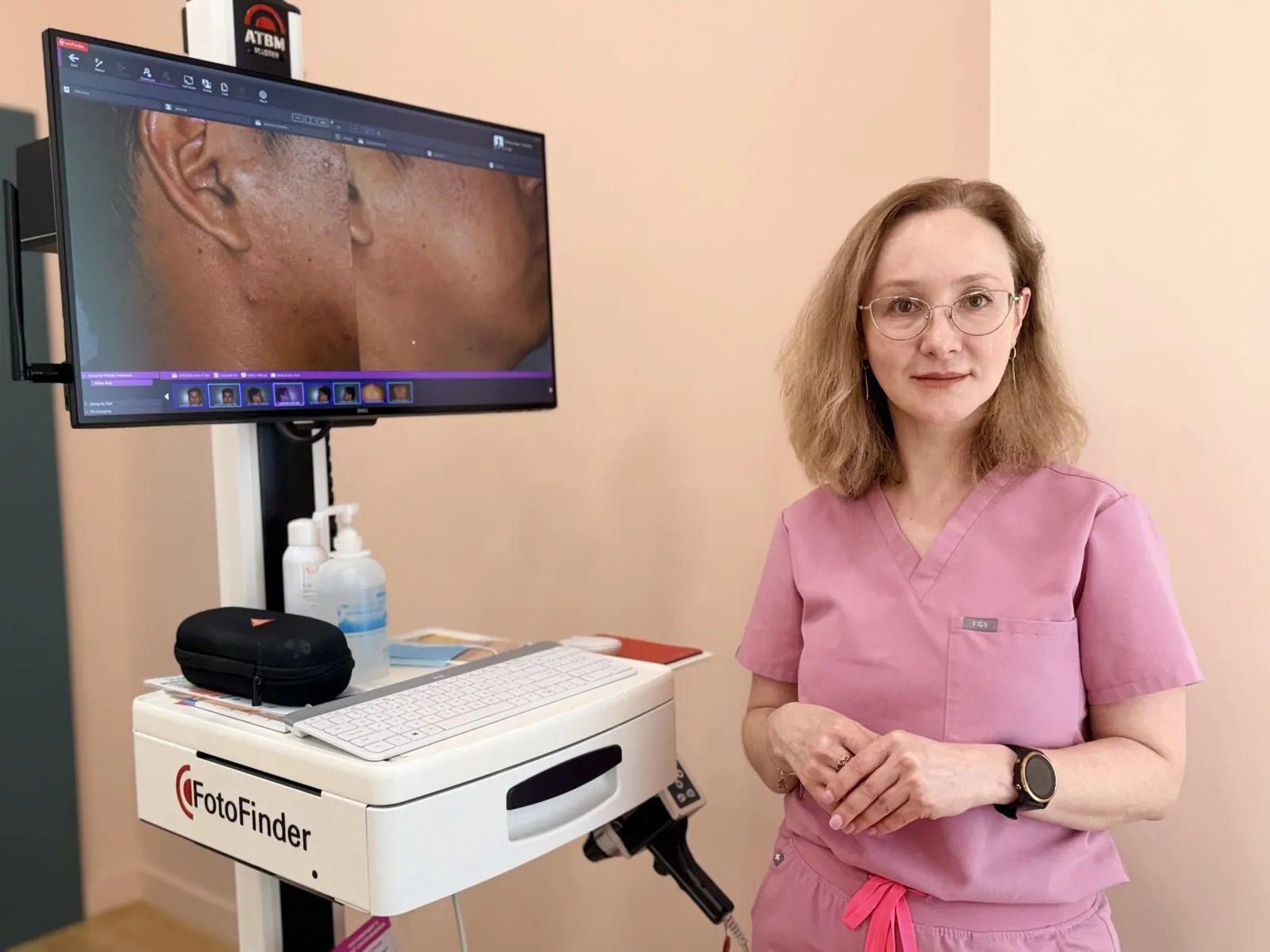 Dr. Viktoryia Kazlouskaya with FotoFinder imaging used for acne assessment and treatment planning in NYC.