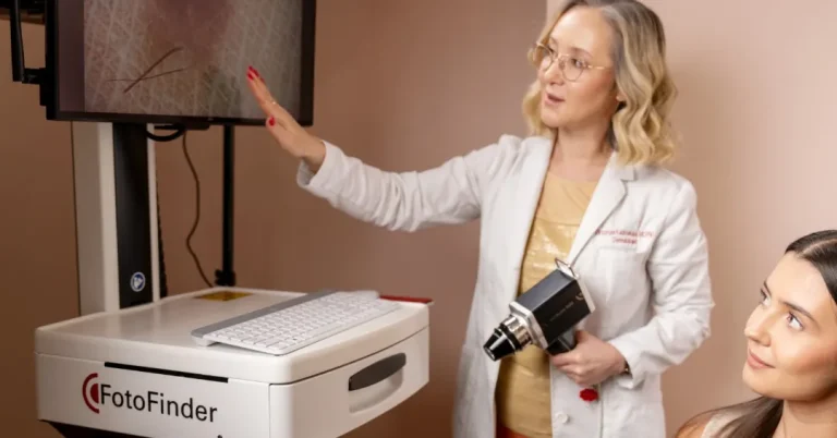 Dr. Viktoryia Kazlouskaya reviewing digital dermoscopy images with FotoFinder during a mole mapping examination.