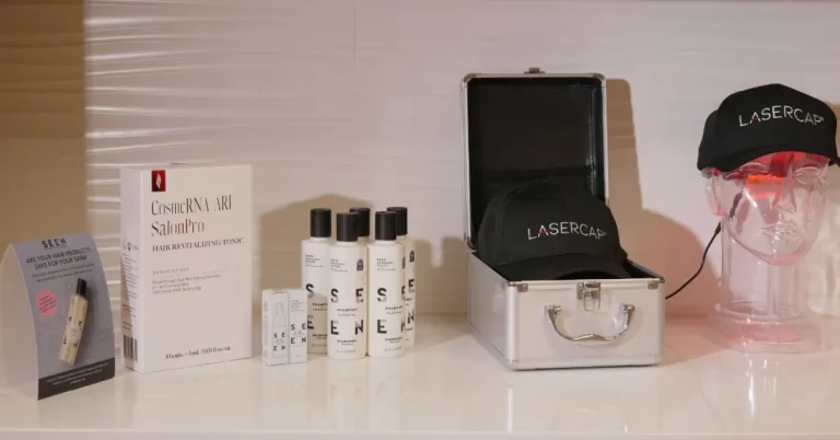 Hair loss treatment products including LaserCap low-level laser therapy and scalp care products