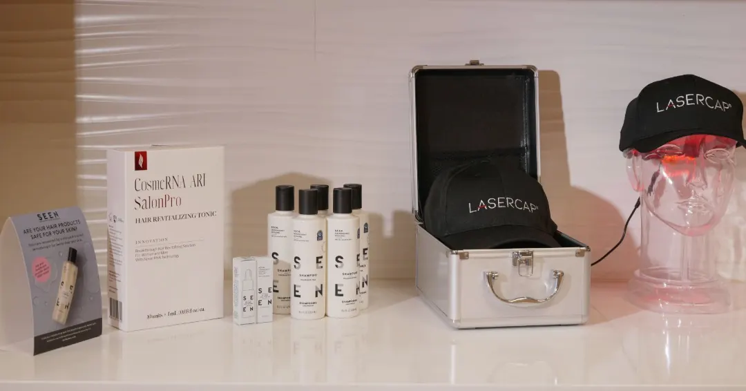 Hair loss treatment products including LaserCap low-level laser therapy and scalp care products