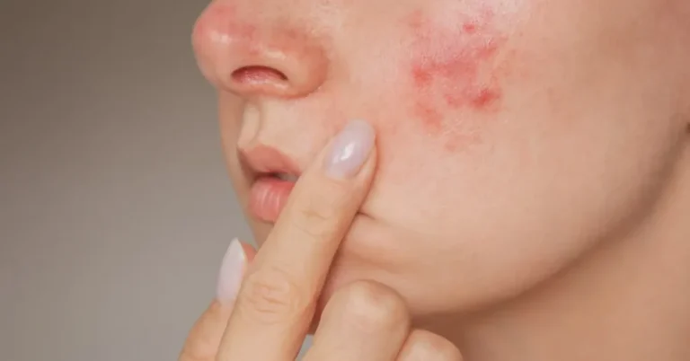 Close-up of facial redness and inflammatory lesions associated with rosacea on the cheek.