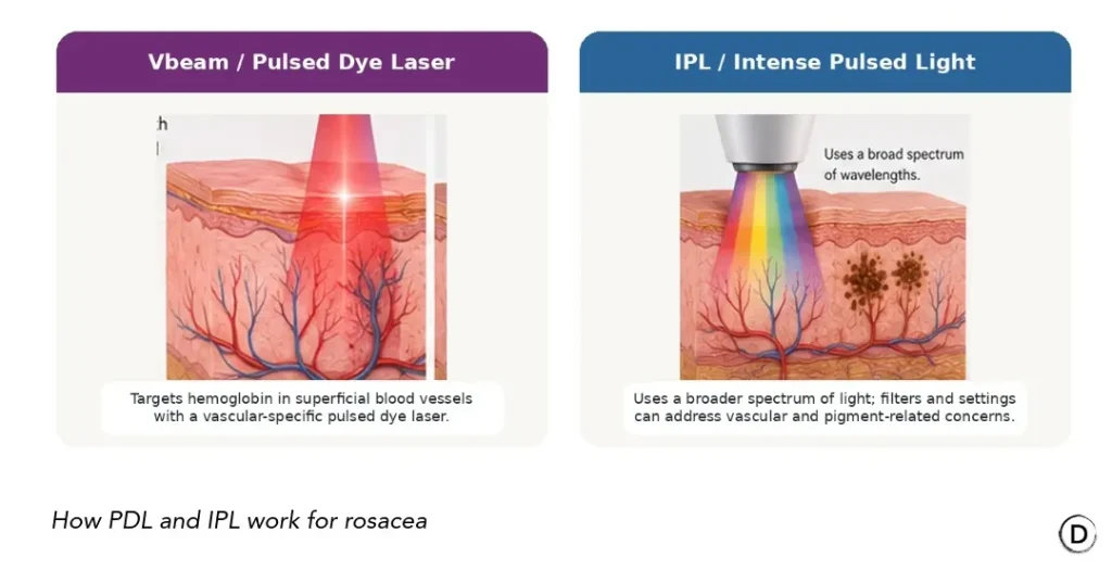 Vbeam pulsed dye laser versus IPL comparison showing how each treatment targets rosacea redness and facial blood vessels