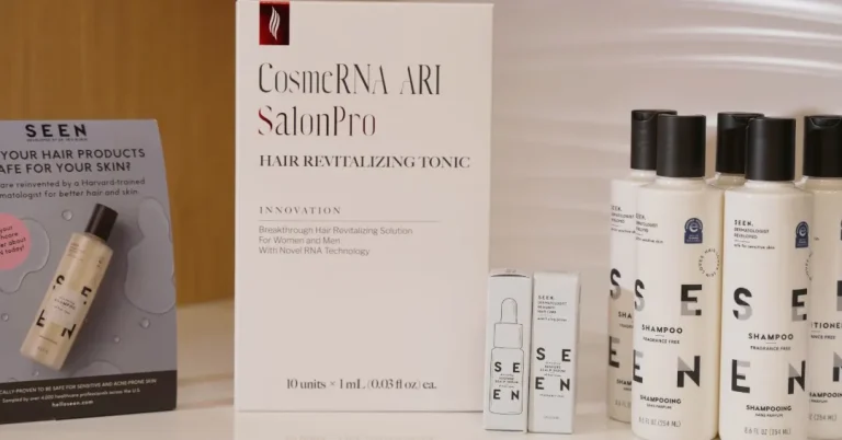 CosmeRNA hair revitalizing tonic and SEEN hair care products displayed at Dermatology Circle.