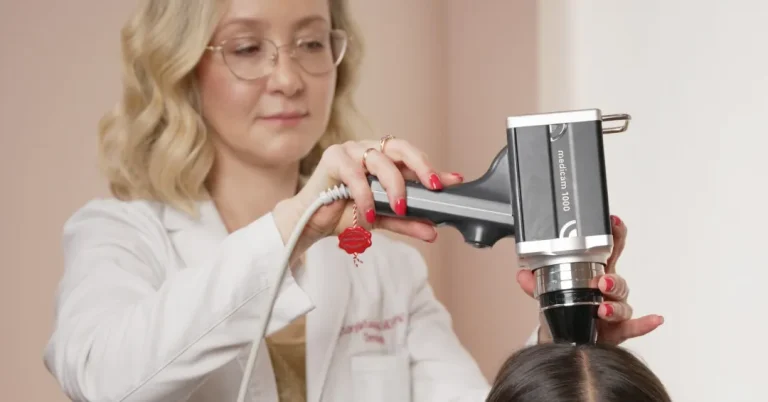 Dr. Viktoryia Kazlouskaya performing digital trichoscopy to evaluate hair loss and scalp health.