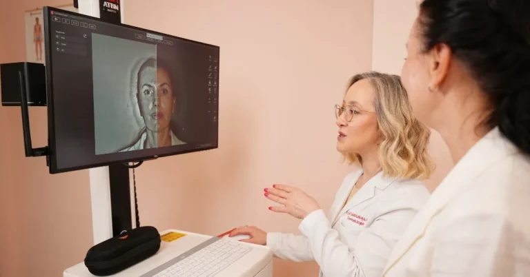 Dr. Viktoryia Kazlouskaya reviewing facial imaging with a patient during a cosmetic dermatology consultation.