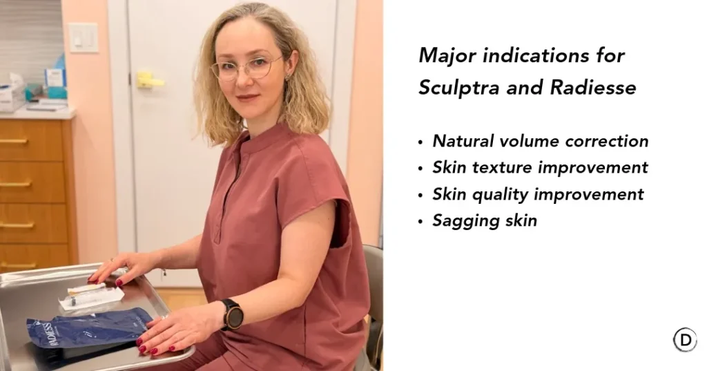 Dr. Viktoryia Kazlouskaya presenting indications for Sculptra and Radiesse biostimulators, including volume loss, skin texture and laxity.