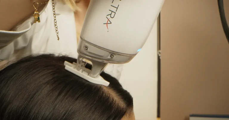 Laser treatment being performed on the scalp as part of a hair loss treatment plan.