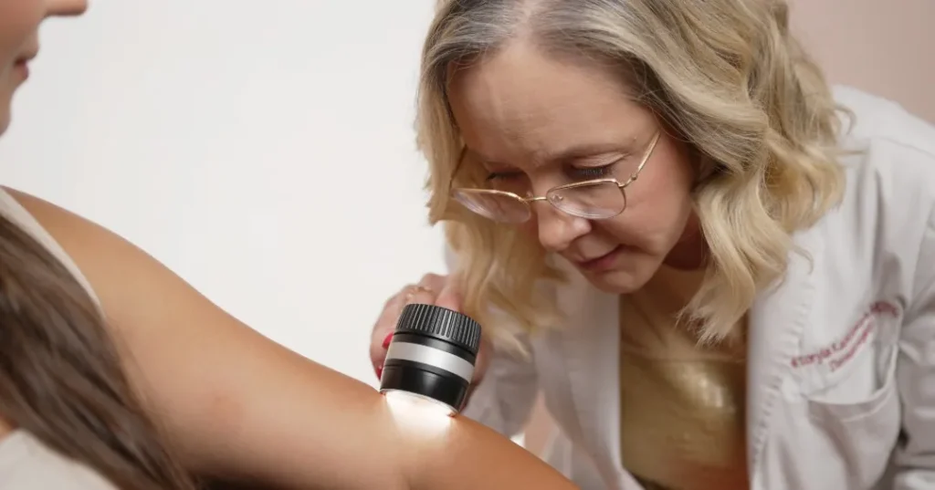 Dr. Viktoryia Kazlouskaya examining a mole with a dermatoscope during a skin cancer screening.