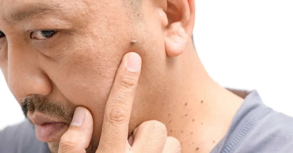 Seborrheic keratosis on the cheek close-up